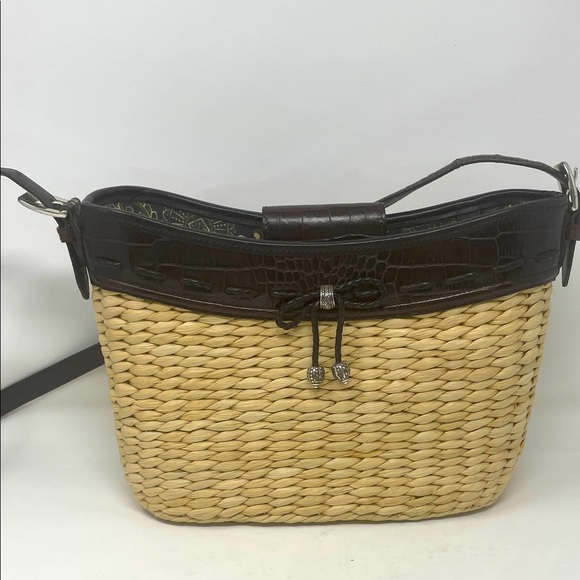 Brighton Woven Straw and Brown Leather Shoulder Bag W/Silver Accents - Picture 1 of 15